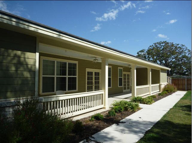 Covered porch and secure walking area at Morning Star Memory Care in the Texas Hill Country at Fredericksburg, TX.